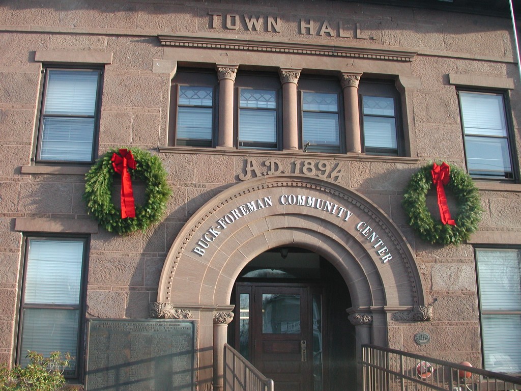 The former town hall in Portland, Connecticut, is built of brownstone.